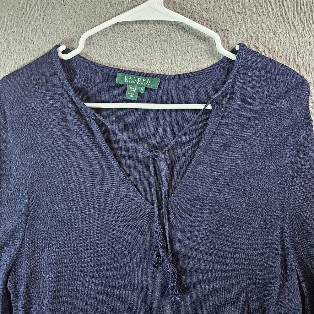 Lauren Ralph Laurne Tunic Silk Top Blouse Women 2X Lace Detailed Sleeve Navy